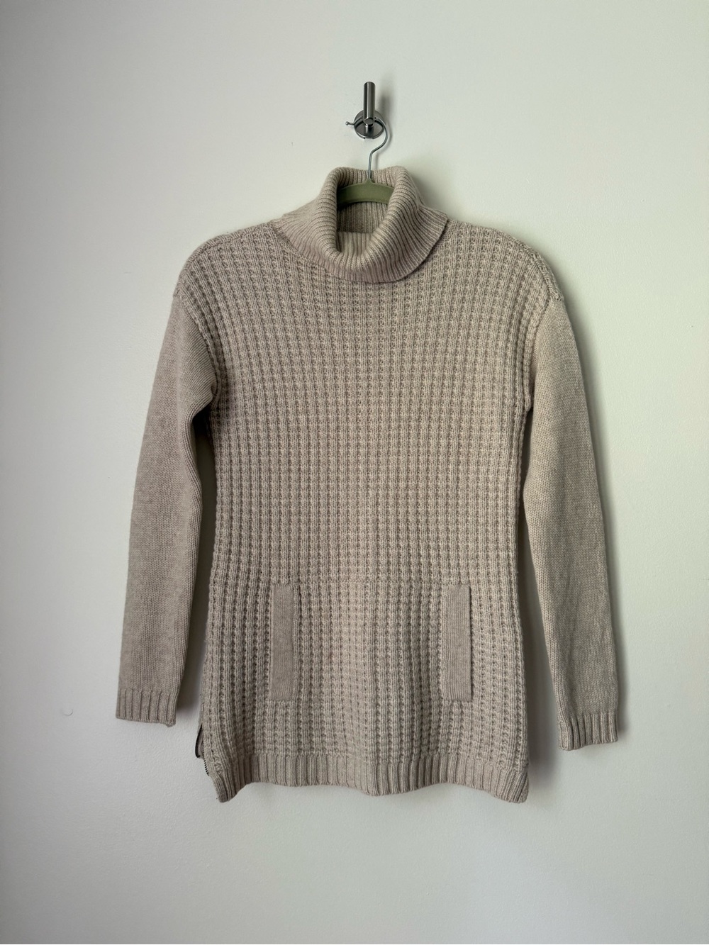 Talbots Cashmere Waffle Knit Cowl Neck Tunic Sweater Pocket Zipper Sides, XS P